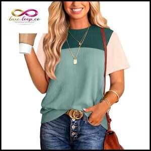 Short Sleeve Crewneck Knit Top Color Block Casual Spring Summer Tee